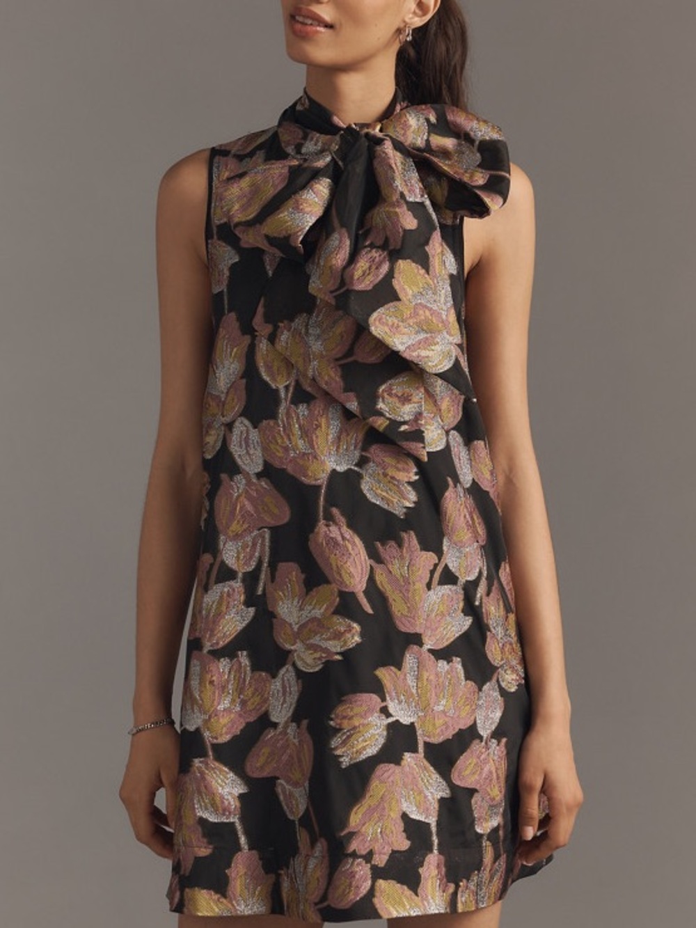 Maeve Anthropologie Caroline Metallic Floral Tie Neck Mini Dress S